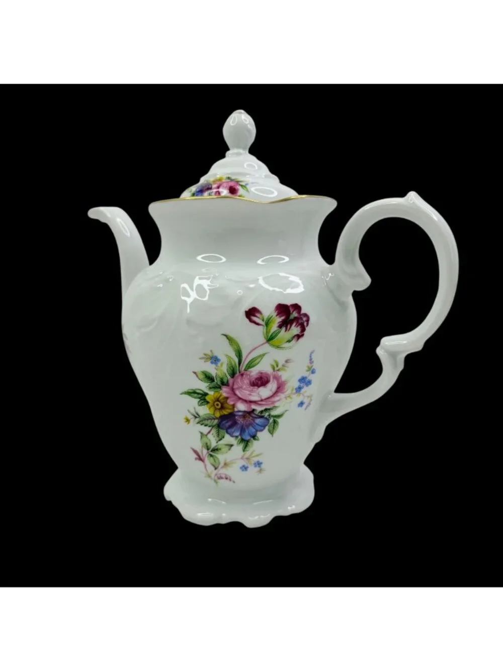 Vtg Royal Kent Poland Floral Teapot Porcelain Coffee Pot Rose Gold Trim Embossed